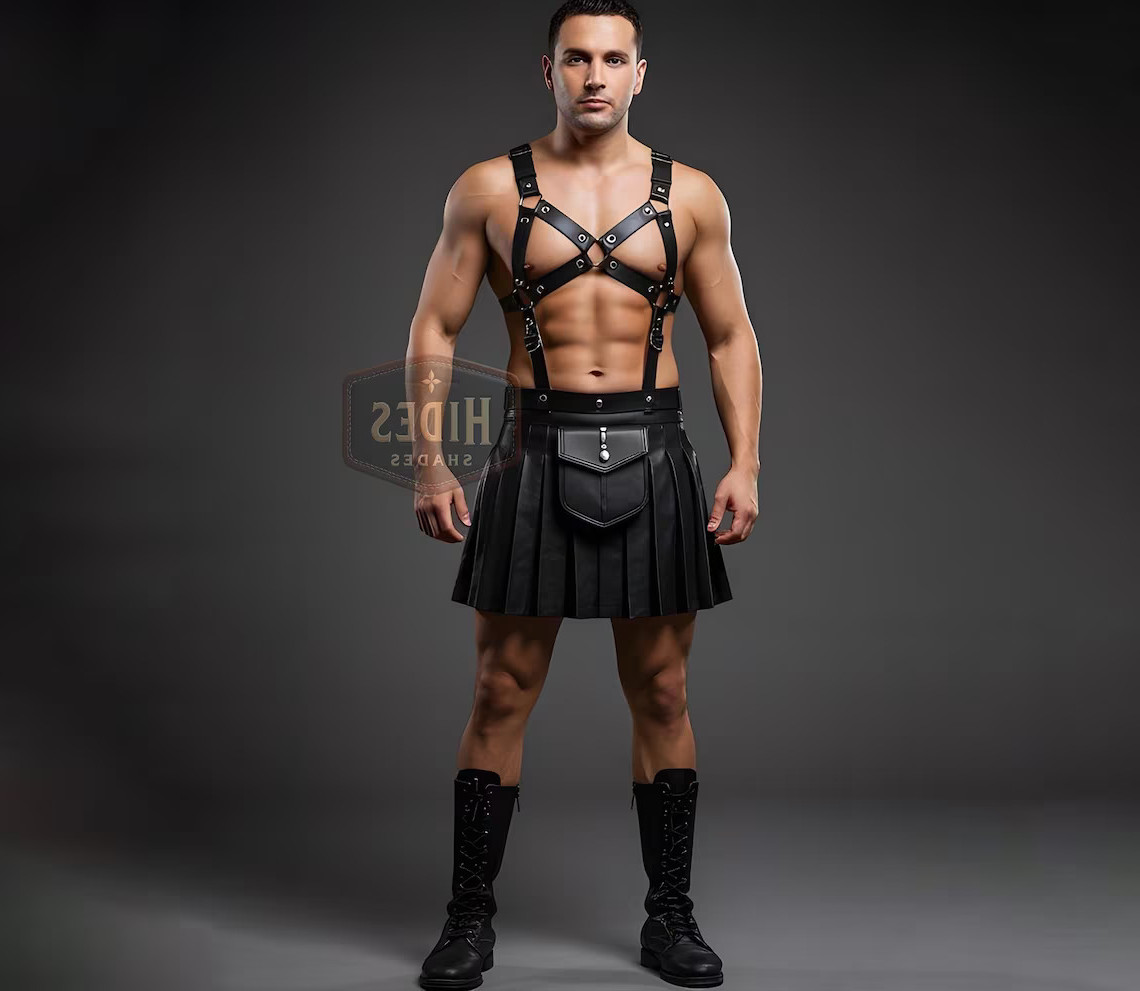 Genuine Black Leather Gladiator Kilt & Harness for Men